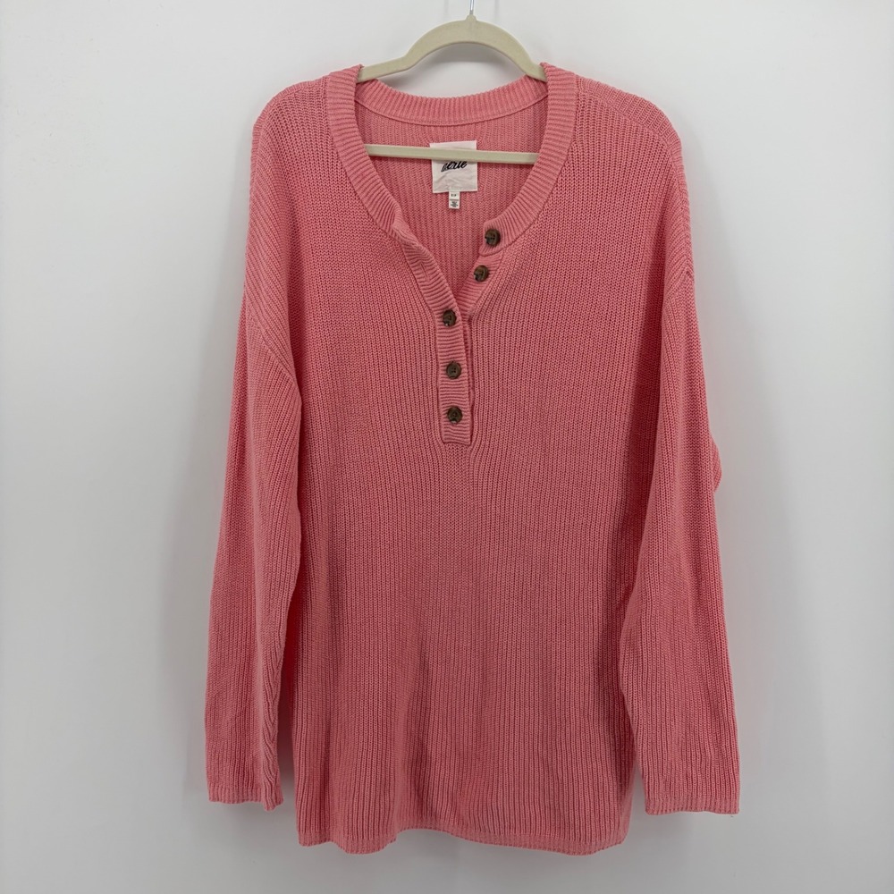 Aerie Womens Small Pink Henley Sweater Ribbed Cotton Oversized Long Sleeve